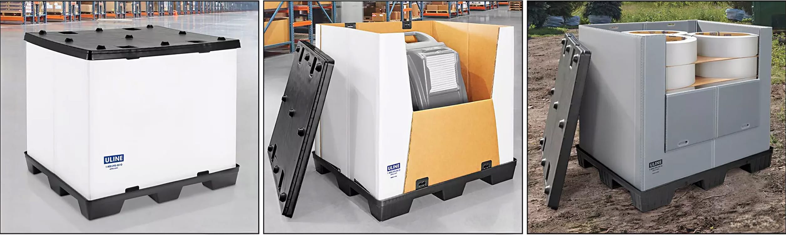 Three Uline reusable bulk containers made from corrugate and plastic