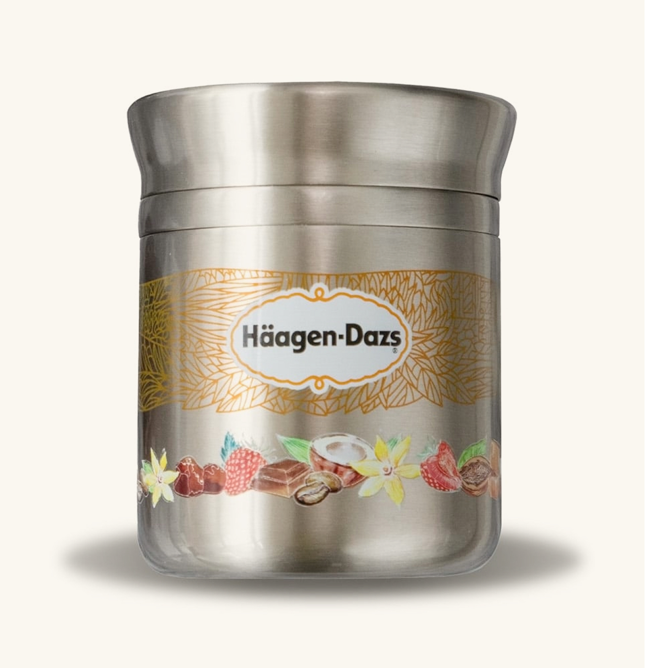 Steel reusable ice cream pint with Häagen-Dazs label