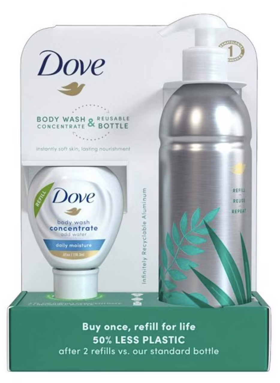Dove brand reusable aluminum pump bottle with bodywash refill.