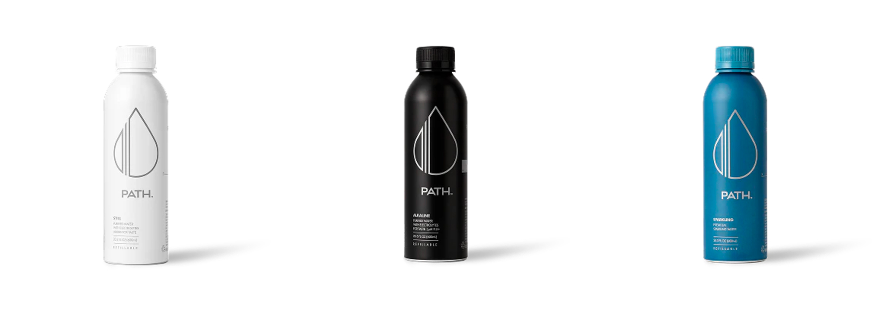 White, black, and light blue reusable aluminum Pathwater bottles