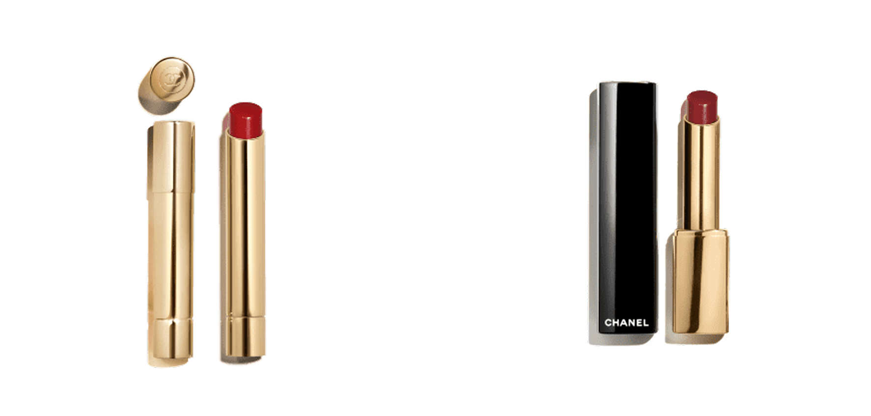 Red Chanel refillable lipstick in gold container with black case, plus refill