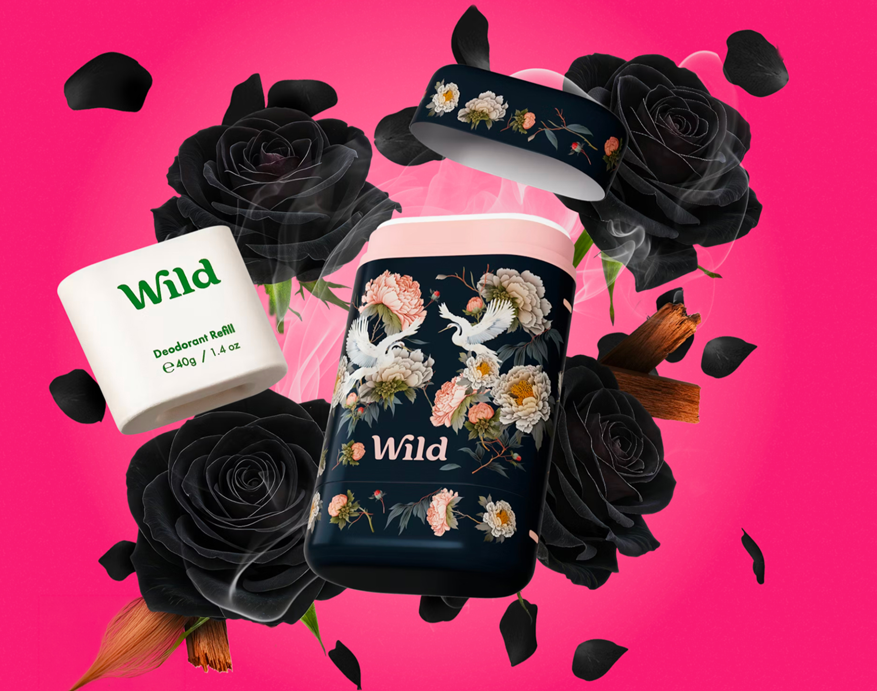 Wild brand refillable deodorant in black case with flowers and birds, on pink background with black roses