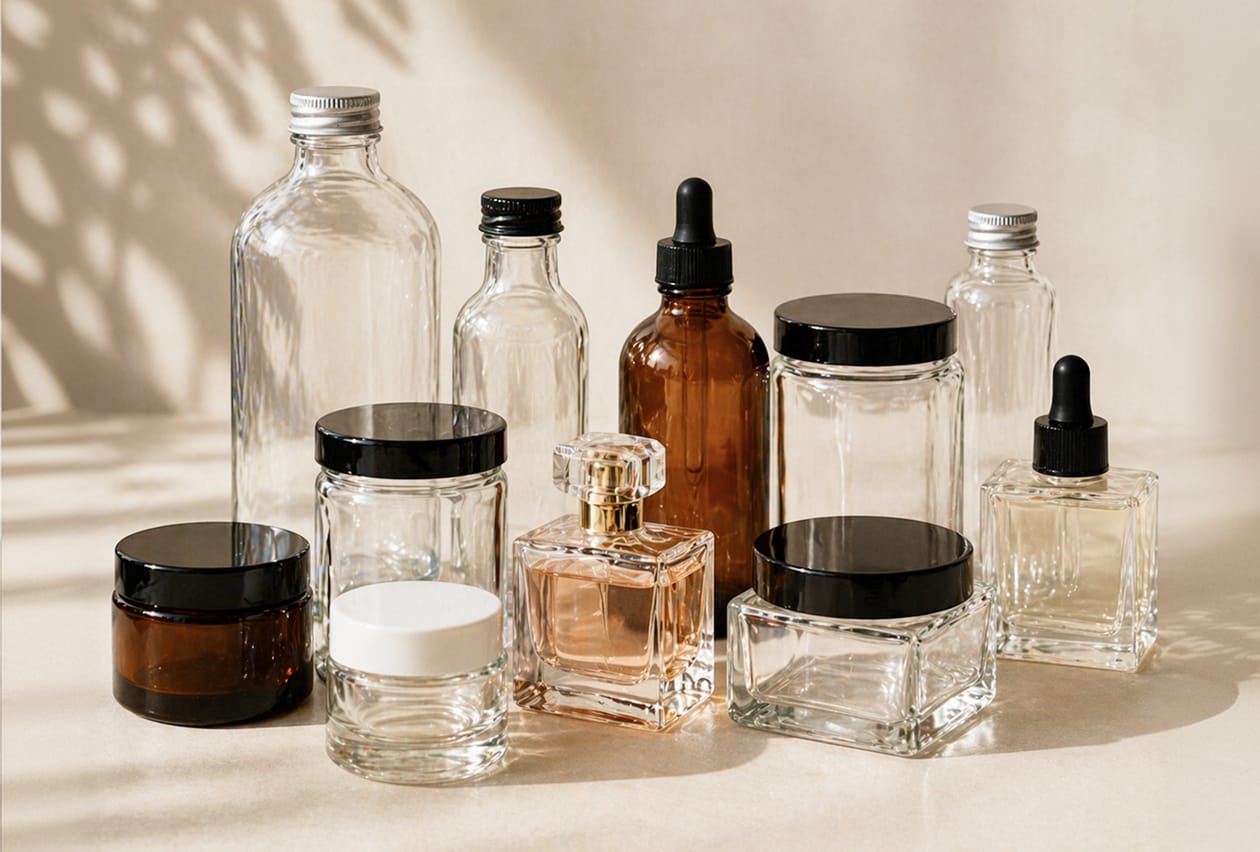 Assorted empty clear and amber glass packaging — bottles, jars, and dropper bottles — on a neutral surface.