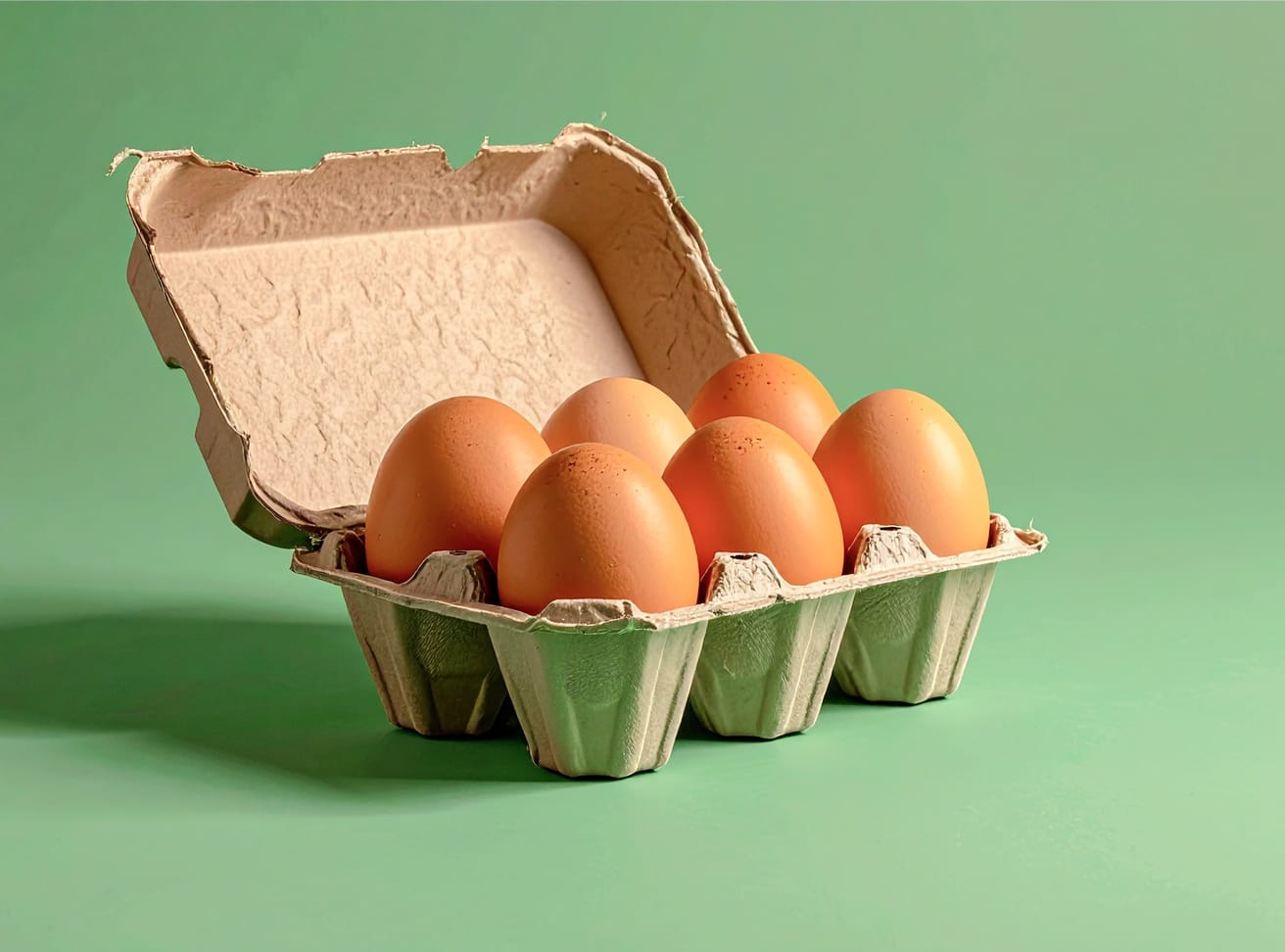Six brown eggs in an open recycled molded pulp egg carton against a green background.