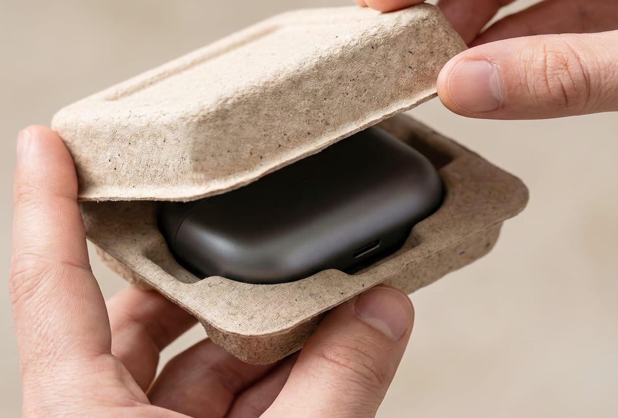 Hands open a molded pulp clamshell tray containing a black wireless earbud charging case.