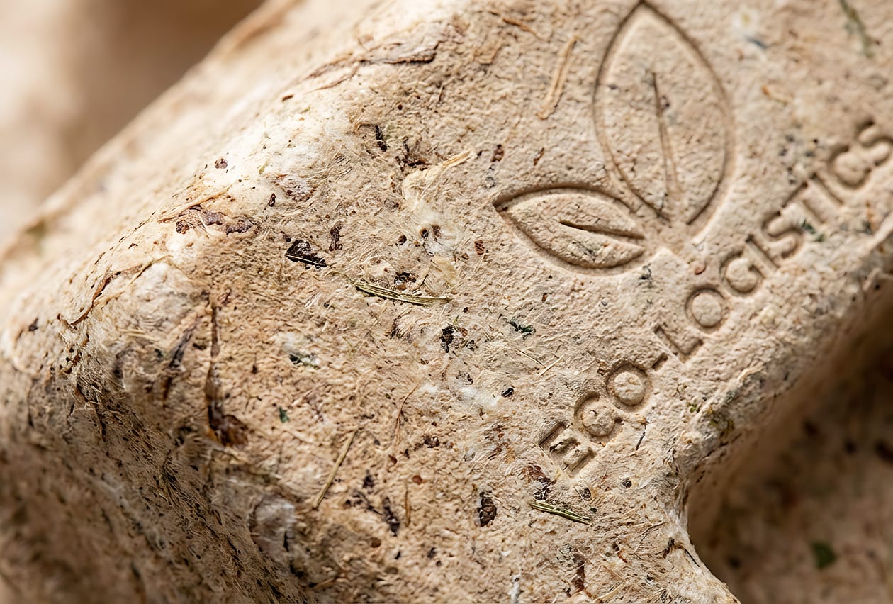 Close-up of an embossed leaf logo and 