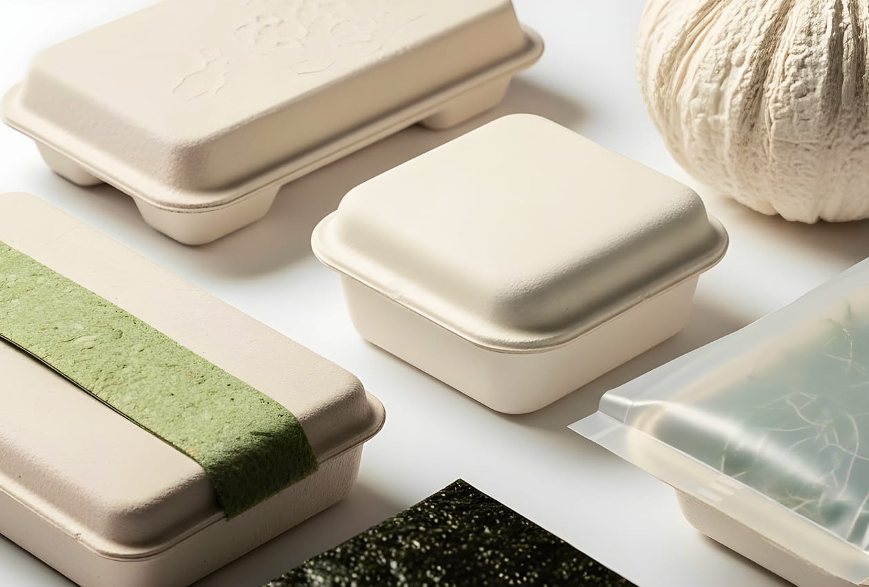 Assorted molded pulp food containers and sustainable material samples arranged on a white surface.