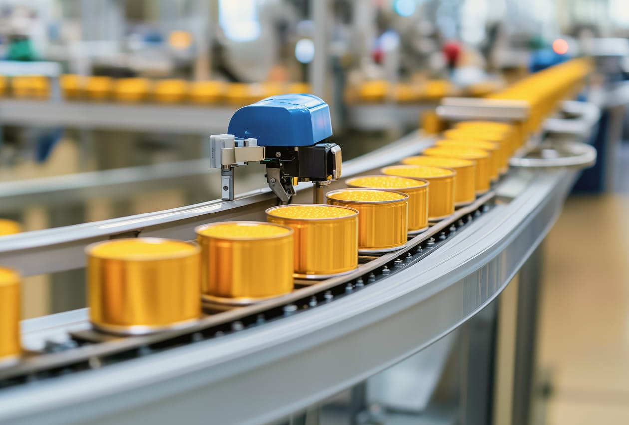Automated robotic arm inspecting gold metal cans moving along a curved manufacturing conveyor belt.